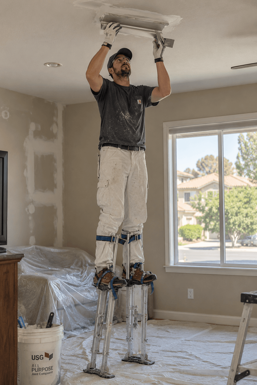 Profesional de drywall sobre zancos aplicando compuesto en un techo